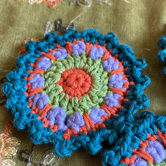 Hand crocheted Mandala coasters in dark teal, orange, violet and green - Picture 5 of 5